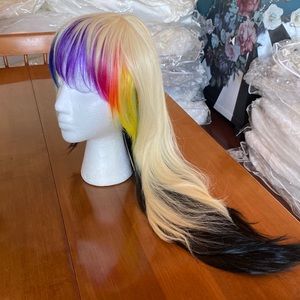 Long Black multi color wig purple blue pink green rainbow bangs Cosplay dancer